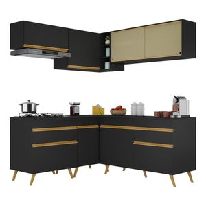 Armário De Cozinha Completa De Canto Veneza Multimóveis V2062 Preto/dourado Preto/dourado