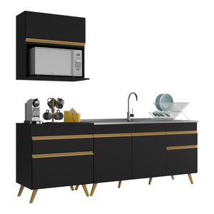 Armário De Cozinha Compacta 220cm Veneza Multimóveis V2075 Preto/dourado Preto/dourado