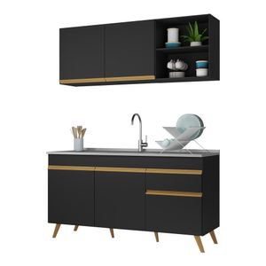 Armário De Cozinha Compacta 150cm Veneza Multimóveis V2079 Preto/dourado Preto/dourado