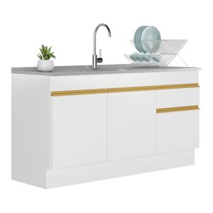 Balcão Cozinha Gabinete Pia 150cm Com Rodapé 3 Portas 1 Gaveta Veneza Multimóveis V2115 Branco/dourado Branco/dourado