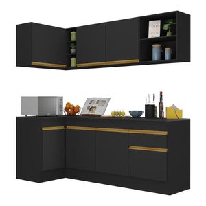 Armário De Cozinha Compacta De Canto Com Rodapé Veneza Multimóveis V2093 Preto/dourado Preto/dourado