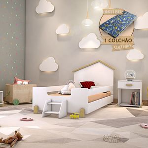 Cama Infantil Com Colchão E Escadinha Solteiro AylaBranca E Natural Branco