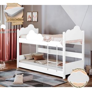 Beliche Solteiro Montessoriana Nuvem Erika Com Colchões Branca Incluso Luminária Led Branco