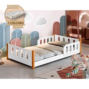Cama Infantil Juvenil Camila Colchão E Grade De ProteçãoBranca Branco