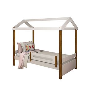 Cama Solteiro Montessoriana Casinha Eliz Com Colchão E Grade De ProteçãoBranco/mel Branco