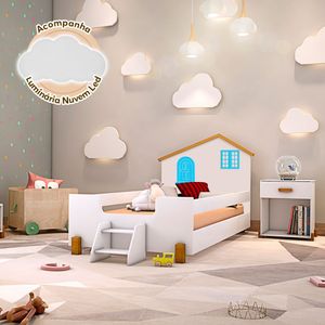 Cama Infantil Solteiro Belissima AzulBranco E Amêndoa Luminária Led Branco