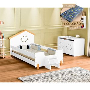 Cama Infantil Com Colchão Solteiro AlegraBranca E Mel Branco