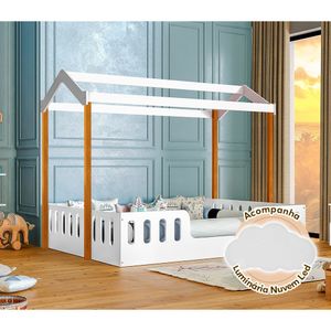 Cama Casal Casinha Segura Montessoriana ágatha Branco/amêndoa Luminária Led Branco