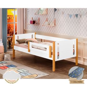 Cama Infantil Com Colchão Mirela Com Branco/mel Luminária Led Branco