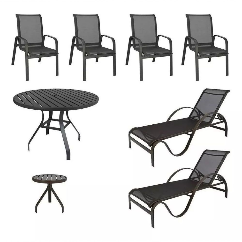 Conjunto Lótus com mesa ripada + 4 Poltronas + Ombrelone e base - Sarah  Móveis