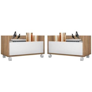 Kit Com 2 Mesas De Cabeceira 80Cm Com Rodízios Multimóveis V4007 Rustic/Branca Rustic/Branco