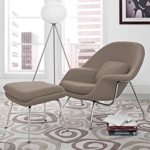 Poltrona Womb Chair Com Puff Cromada Linho Bege Cor Bege