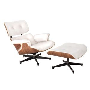 Poltrona Charles Eames Com Puff Couro Legítimo Branco Cor Branco