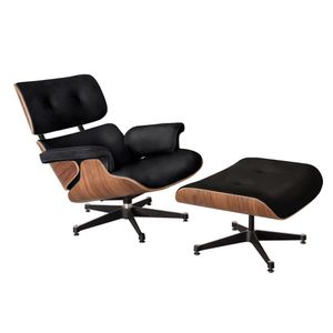 Poltrona Charles Eames Premium Com Puff Couro Preto Cor Preto