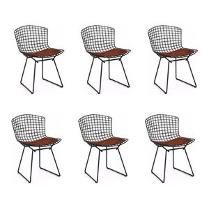 Kit 6 Cadeiras Bertoia Preta Com Assento Marrom Cor Marrom