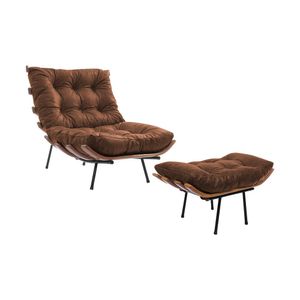 Poltrona Costela Em Couro Natural Com Puff Marrom Cor Marrom