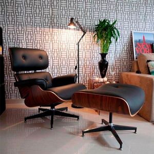 Poltrona Charles Eames Couro Pu Com Puff Preto Cor Preto