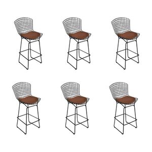 Kit 6 Banquetas Bistrô Bertoia Preta D60 Com Assento Marrom Cor Preto