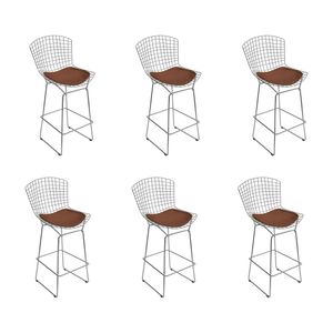 Kit 6 Banquetas Bistrô Bertoia Cromada D80 Com Assento Sintético Marrom Cor Cinza