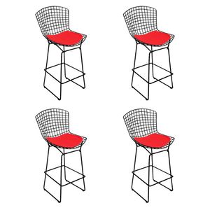 Kit 4 Banquetas Bistrô Bertoia Preta D60 Com Assento Vermelho Cor Preto