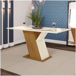 Mesa De Jantar Tampo Em Mdf 160cm Vidro Kesha Casa 812 Nature Off White