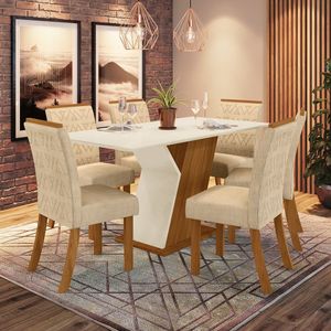 Conjunto Sala De Jantar Mesa 160cm 6 Cadeiras Juanita Casa 812 Nature Off White E Linho