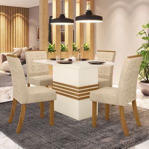 Conjunto Sala De Jantar Mesa 120cm 4 Cadeiras Melinda Casa 812 Nature Off White E Linho