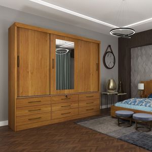 Guarda Roupa Casal Com Espelho 3 Portas 9 Gavetas Chicago Tcil Móveis Cinamomo