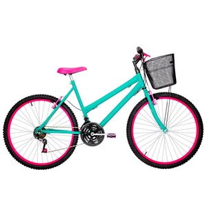 Bicicleta Feminina Aro 26 Mtb Alumínio Colorido 18 Marchas Cor Verde água E Pink