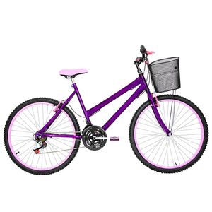 Bicicleta Feminina Aro 26 Mtb Alumínio Colorido 18 Marchas Cor Violeta E Rosa