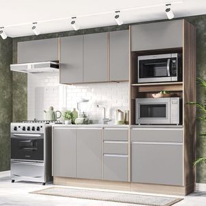 Cozinha Completa 4 Módulos 8 Portas 4 Gavetas Campanele Politorno Castanho/Cinza