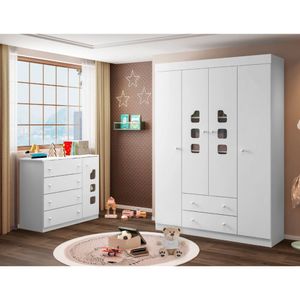 Quarto Infantil Com Guarda Roupas E Cômoda Lívia Branco