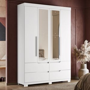 Guarda Roupa Solteiro Com Espelho 4 Portas 4 Gavetas Doble Albatroz Móveis Branco