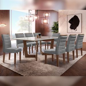 Conjunto Sala De Jantar Nápoles Tampo Vidro/Mdf Com 8 Cadeiras Genova Smart Plus Cel Móveis Chocolate/Off White/Cinza