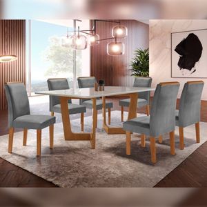 Conjunto Sala De Jantar Nápoles Tampo Vidro/Mdf Com 6 Cadeiras Luísa Smart Plus Cel Móveis Cinamomo/Off White/Cinza