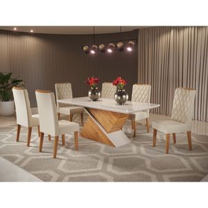 Conjunto Sala De Jantar Mesa Epic Tampo Vidro/Mdf Com 6 Cadeiras Iza Viero Mel/Bege/Off White