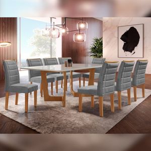 Conjunto Sala De Jantar Nápoles Tampo Vidro/Mdf Com 8 Cadeiras Genova Smart Plus Cel Móveis Cinamomo/Off White/Cinza