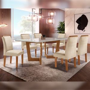 Conjunto Sala De Jantar Nápoles Tampo Vidro/Mdf Com 6 Cadeiras Luísa Smart Plus Cel Móveis Cinamomo/Off White/Bege