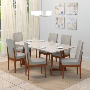Conjunto Sala De Jantar Mesa 160X90Cm Tampo Vidro/Mdf Com 6 Cadeiras Safira Móveis Meneghetti Caramelo/Bege Claro