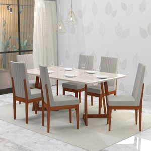 Conjunto Sala De Jantar 6 Lugares Madeira Eucalipto Safira Móveis Meneghetti Caramelo/Bege Claro
