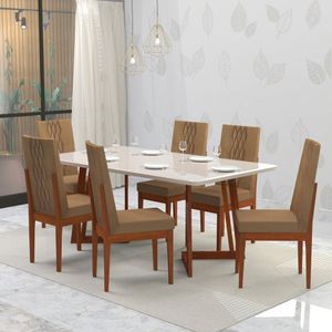 Conjunto Sala De Jantar 6 Lugares Madeira Eucalipto Safira Móveis Meneghetti Caramelo/Chocolate