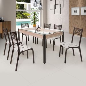 Conjunto Sala De Jantar Mesa Jade 140X80Cm Tampo Vidro Com 6 Cadeiras Ciplafe Bronze/Bege Geométrico