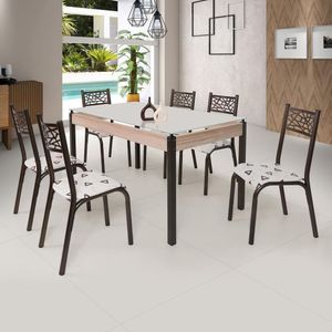 Conjunto Sala De Jantar Mesa Jade 140X80Cm Tampo Vidro Com 6 Cadeiras Ciplafe Bronze/Bege Geométrico