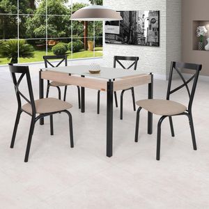Conjunto Sala De Jantar Mesa 120X75Cm Tampo Vidro Com 4 Cadeiras Karina Ciplafe Preto/Linho Bege