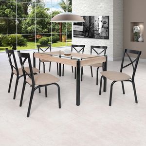 Conjunto Sala De Jantar Mesa 140X80Cm Tampo Vidro Com 6 Cadeiras Karina Ciplafe Preto/Linho Bege