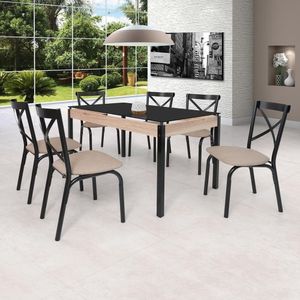 Conjunto Sala De Jantar Mesa 140X80Cm Tampo Vidro Com 6 Cadeiras Karina Ciplafe Preto/Bege