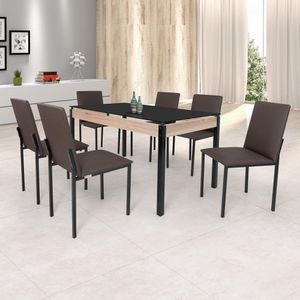 Conjunto Sala De Jantar Mesa 140X80Cm Tampo Vidro Com 6 Cadeiras Dubai Ciplafe Preto Fosco/Linho Marrom