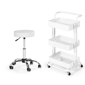 Kit Estética Com Banco Mocho E Carrinho Multiuso - Branco