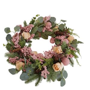 Guirlanda De Natal Com Bagas De Frutinhas Rosa 64cm Diâmetro
