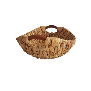 Cesto Bandeja Oval Palha Alça Madeira 27cm X 20cm X 9cm